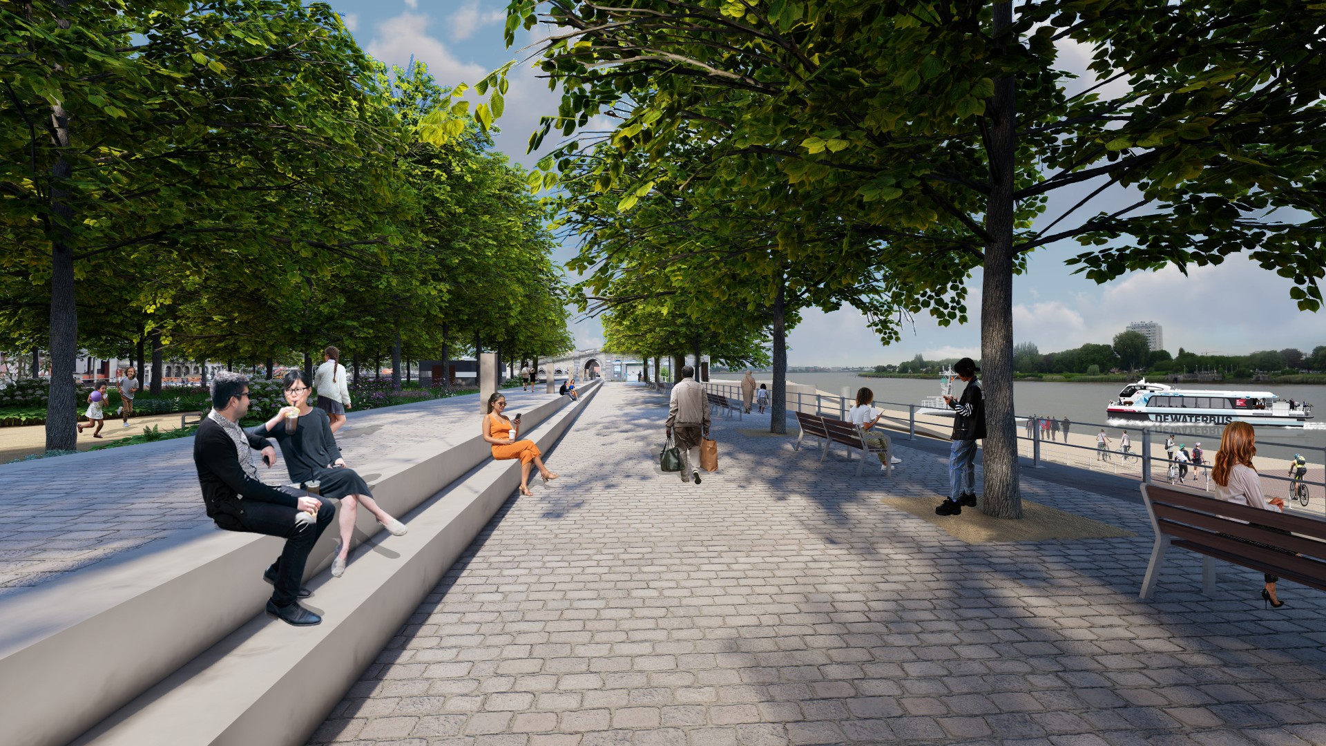 Een toekomstbeeld van de waterkering aan het Steenplein, dat ook volledig heraangelegd wordt tot een groen plein