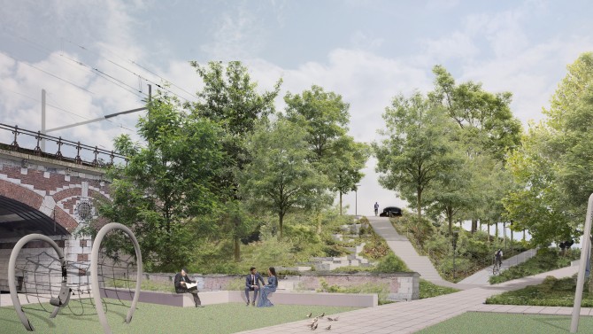 Een toekomstbeeld uit het voorontwerp van het Spoorpark, hier sta je op het Luitenant Naeyaertplein.