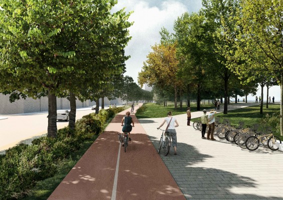 Fietspad ter hoogte van toekomstige park Scheldekaaien Nieuw Zuid ©PROAP-WIT architecten - Sweco