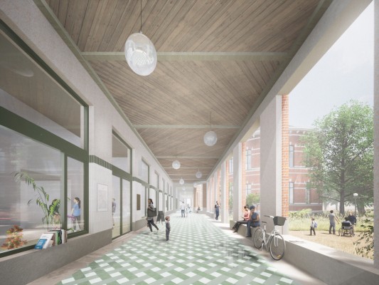 Wedstrijdontwerp herontwikkeling Stuivenberg met zicht op een overdekt terras.