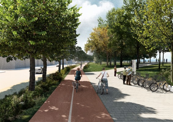 Toekomstbeeld Scheldekaaien Nieuw Zuid - fietspad en ingang park ter hoogte van het deelgebied Sint-Andries en Zuid