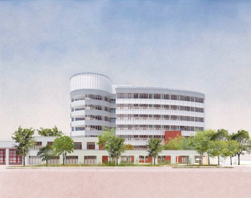 Toekomstbeeld van gebouw met nieuwe plint onderaan