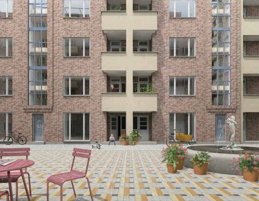 Een detail van het binnenhof van de Fierensblokken - wedstrijdontwerp © Happel Cornelisse Verhoeven Architecten en Molenaar & Co architecten