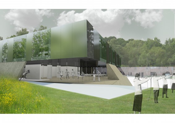 Een toekomstbeeld van de ingang van de school van het Stedelijk Lyceum Topsport 