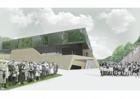 Een toekomstbeeld van de ingang van de sporthal van het Stedelijk Lyceum Topsport 