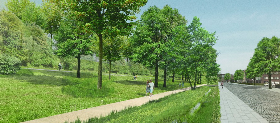 Een toekomstbeeld van het deelproject Walpark Polygoonstraat uit het masterplan Park Brialmont