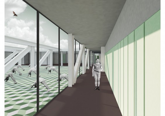 Een toekomstbeeld van de patio van het Stedelijk Lyceum Topsport