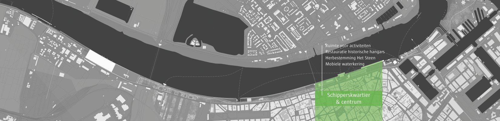 Een luchtbeeld van het plan van het deelgebied Schipperskwartier en Centrum van de Scheldekaaien