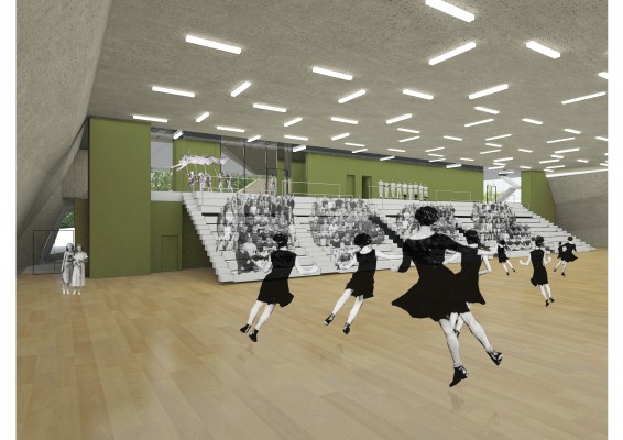Een toekomstbeeld van een sporthal van het Stedelijk Lyceum Topsport 