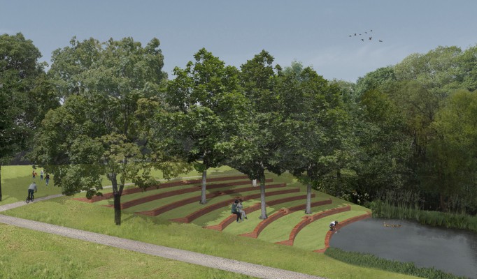 Een toekomstbeeld van de trappenpartij aan de Brilschansvijver in Park Brialmont