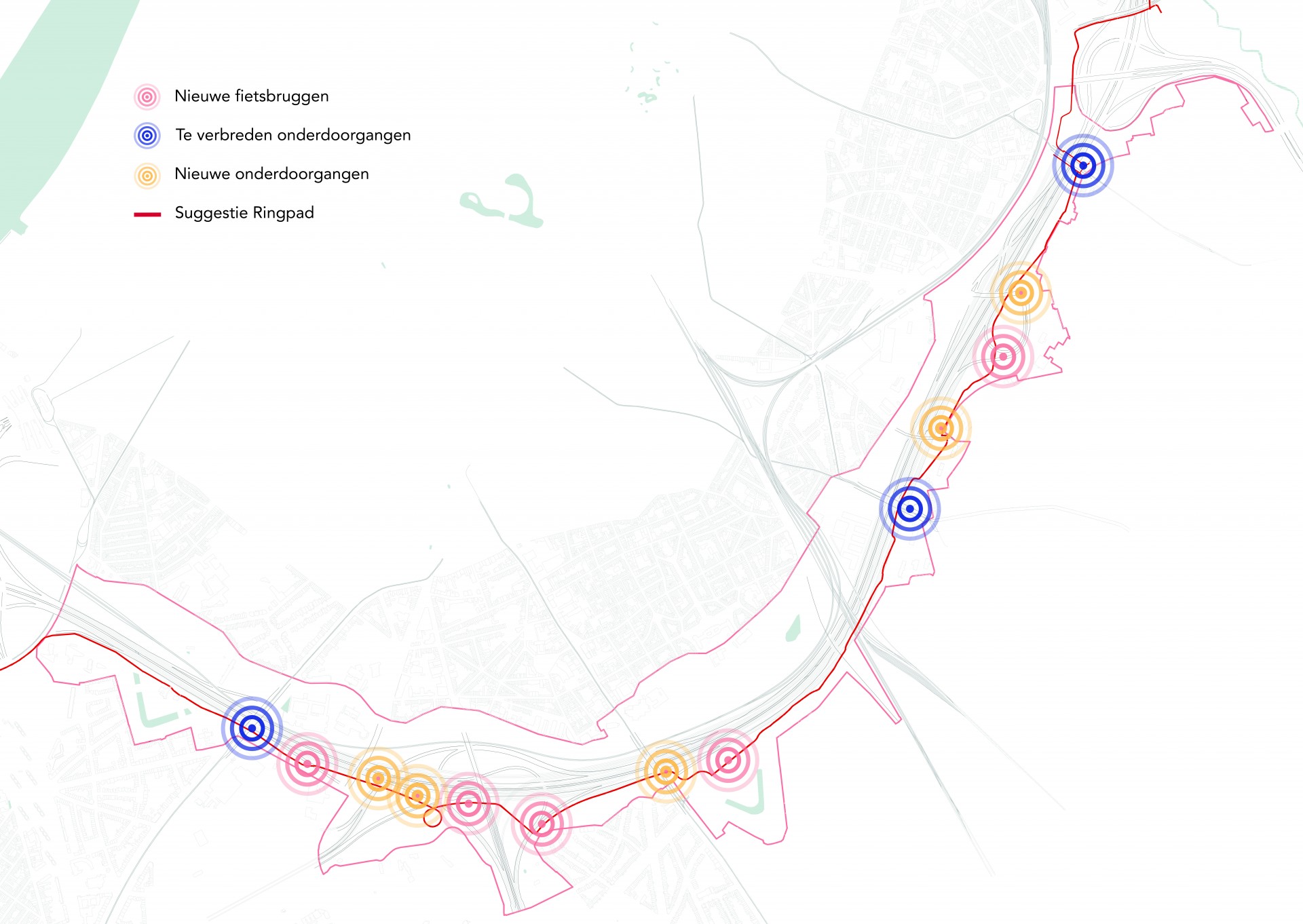 Voorstel ligging Ringpad doorheen het Ringpark Groene Vesten met aanduiding van huidige en nieuwe onderdoorgangen of bruggen om de autowegen te kruisen © BUUR - LATZ - GREISCH - S333 ontwerpteam Ringpark Groene Vesten