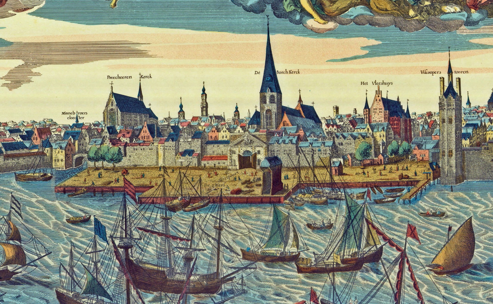 Deze afbeelding laat een zicht op de rede zien, met de burcht, omstreeks 1600