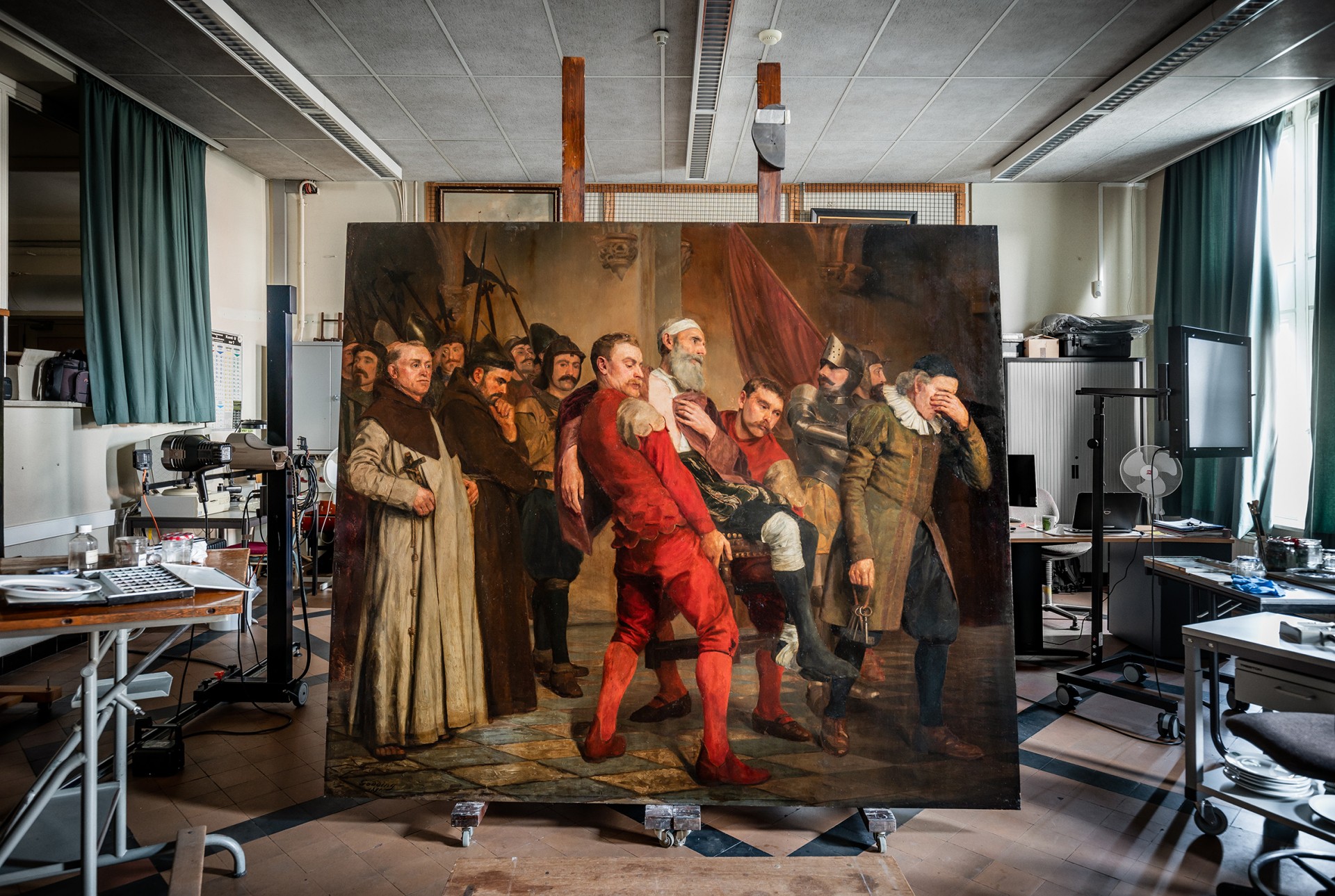 Schilderij van Emile Godding waarop burgemeester Antoon Van Stralen die wordt weggedragen naar het schavot, getoond wordt.