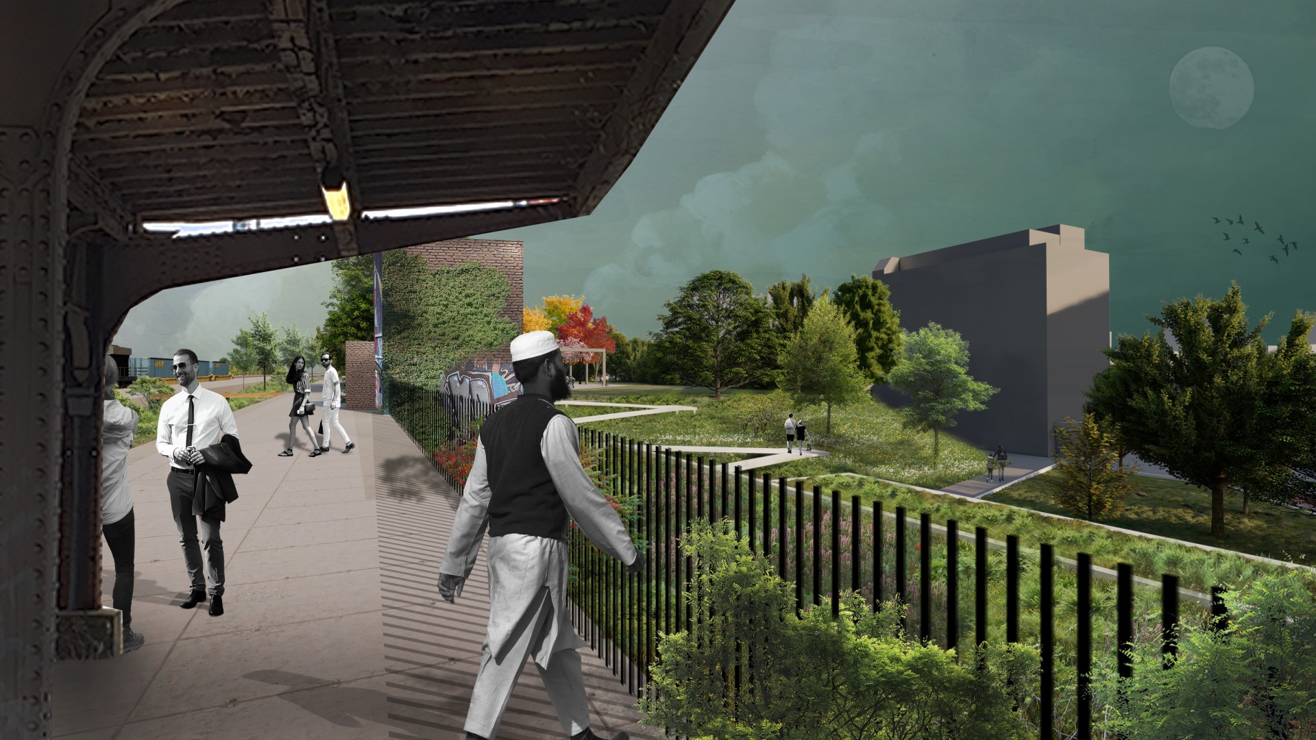 Een toekomstbeeld uit het schetsontwerp van het Spoorpark, hier sta je op de brug over de Plantin en Moretuslei