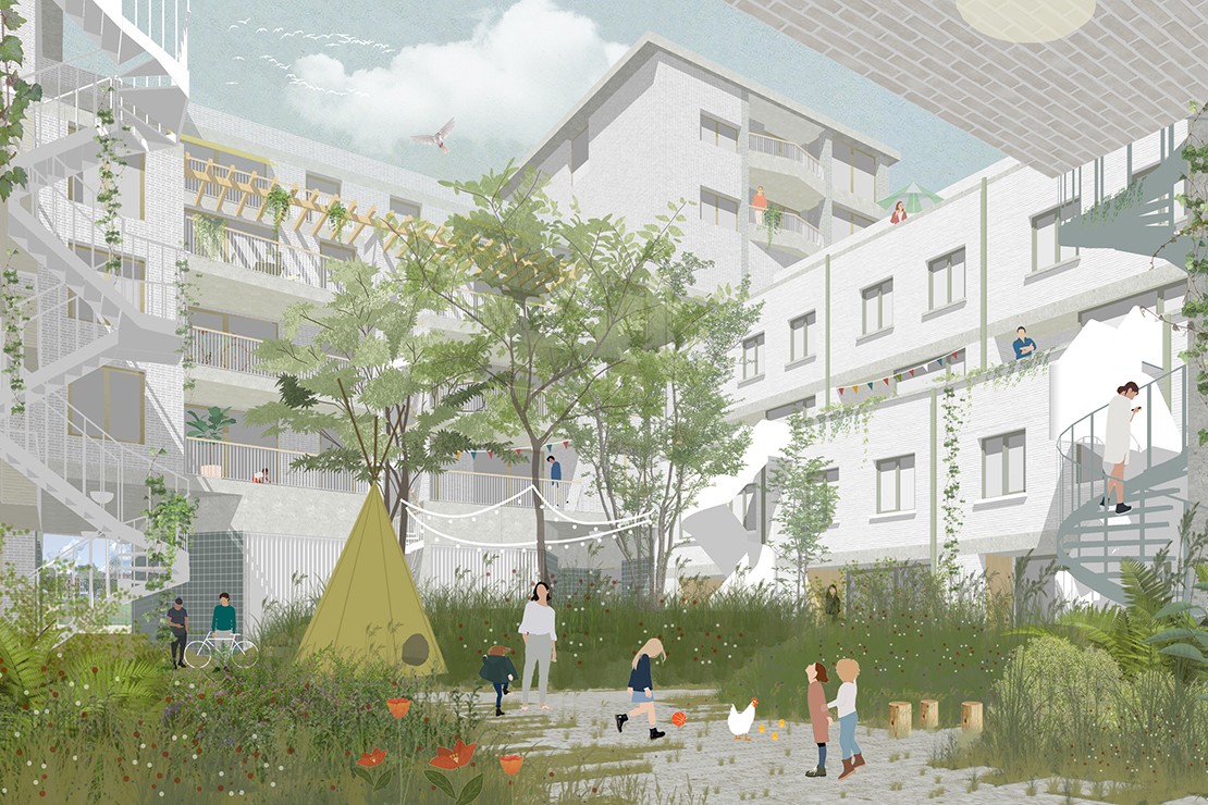 Ontwerp van een groen binnenplein met rondom woningen.