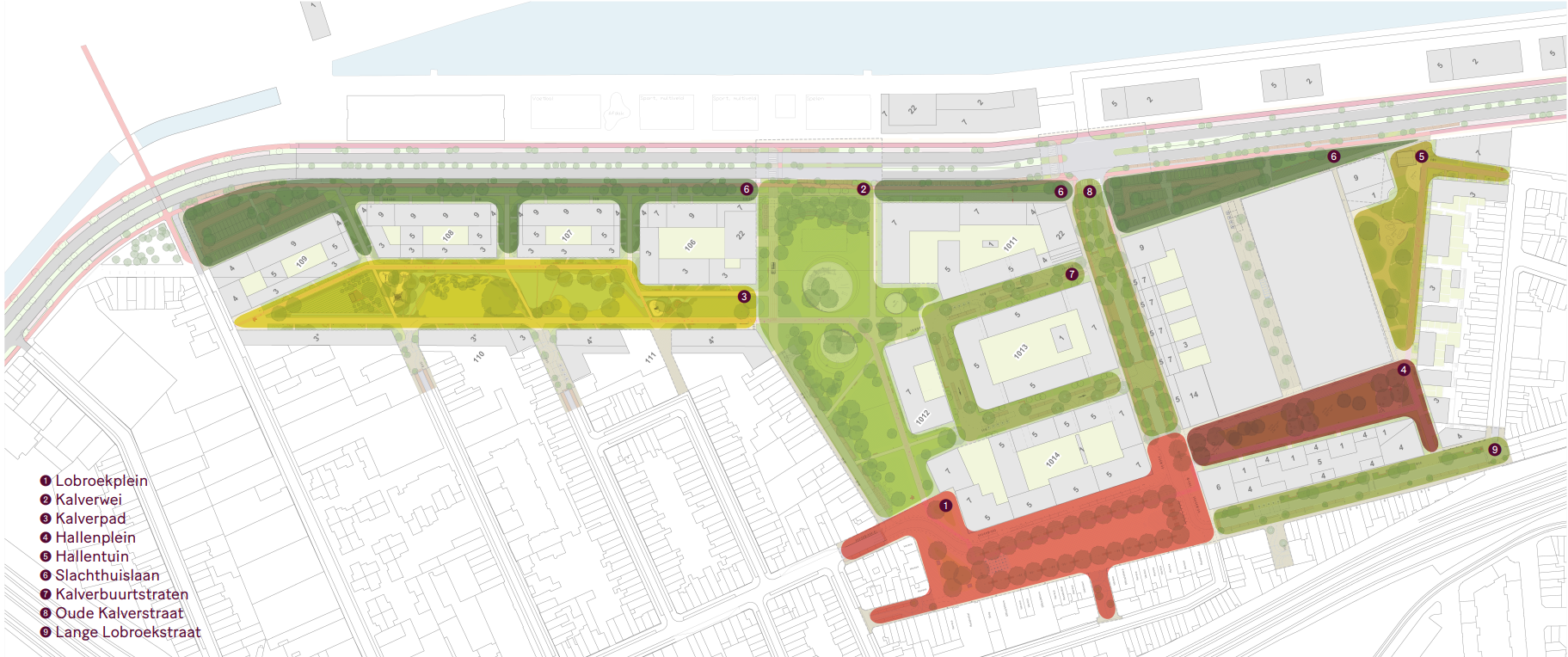 Een overzichtsplan van het voorontwerp van de publieke ruimte van de Slachthuiswijk, met de verschillende deelruimten erop aangeduid