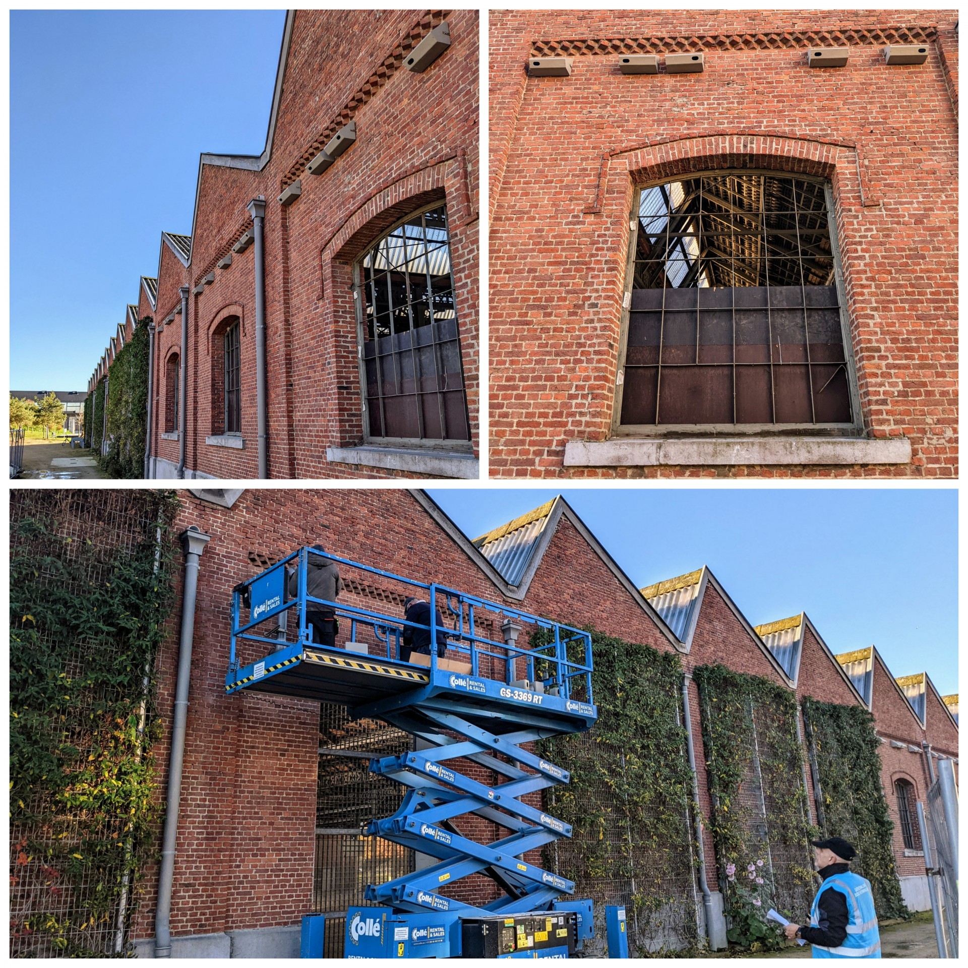Installatie van nestkasten aan de gevel van het voormalig spoorweggebouw in Park Spoor Noord.