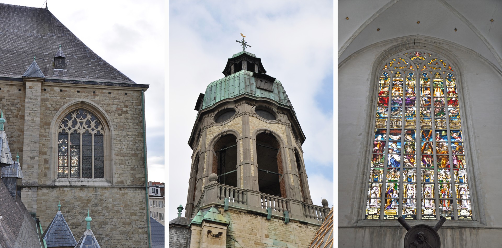De gevel, toren en een glasraam van de Sint-Andrieskerk