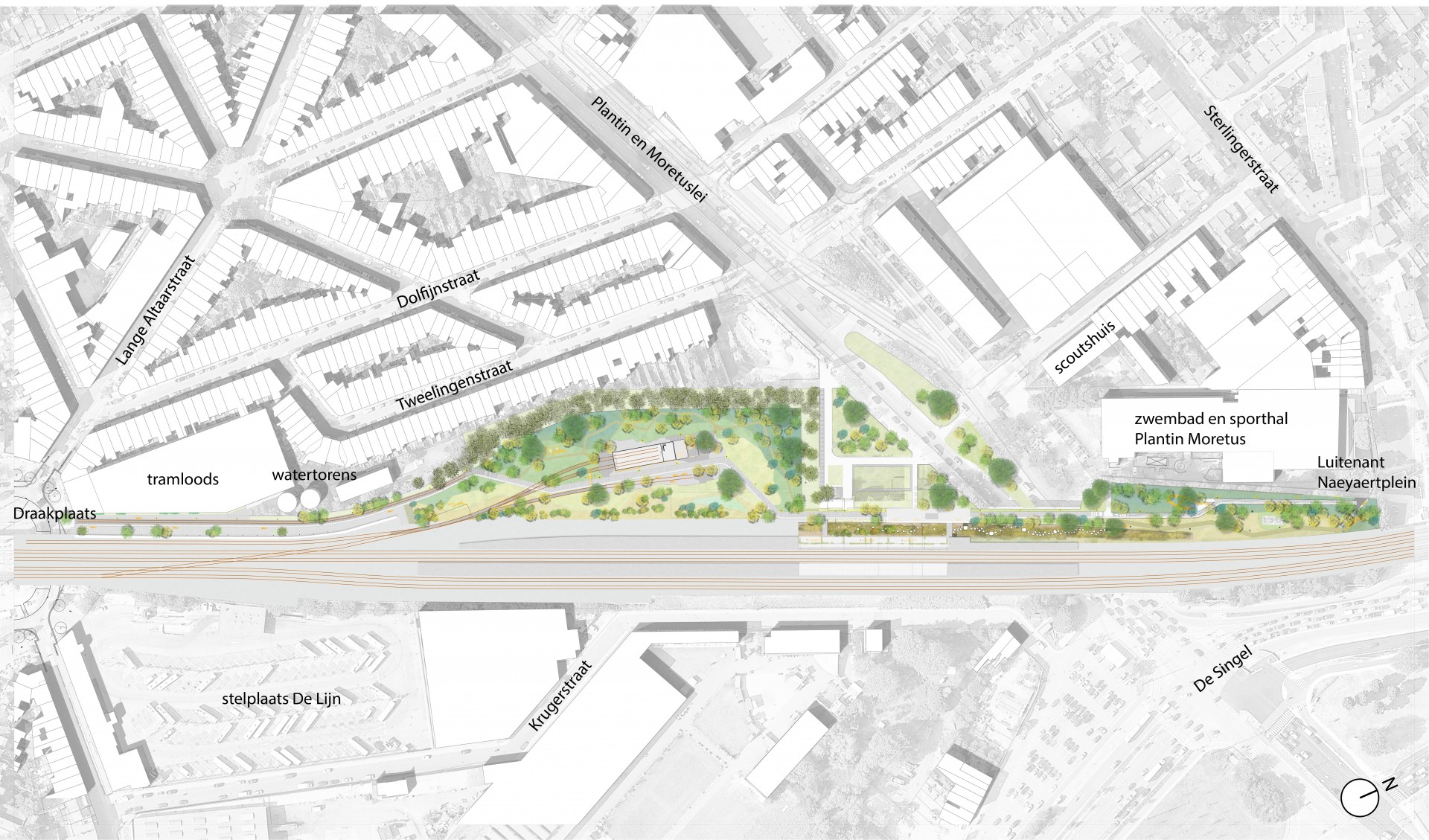 Het voorontwerp van het Spoorpark, tussen de Draakplaats en het Luitenant Naeyaertplein