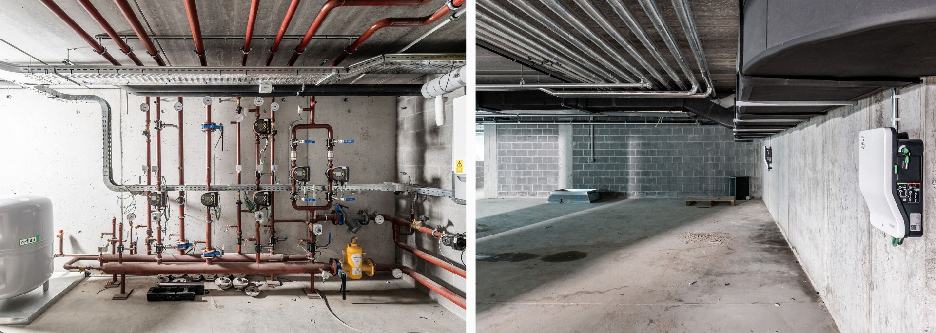 Leidingen en elektrisch laadpunt in de ondergrondse garage.