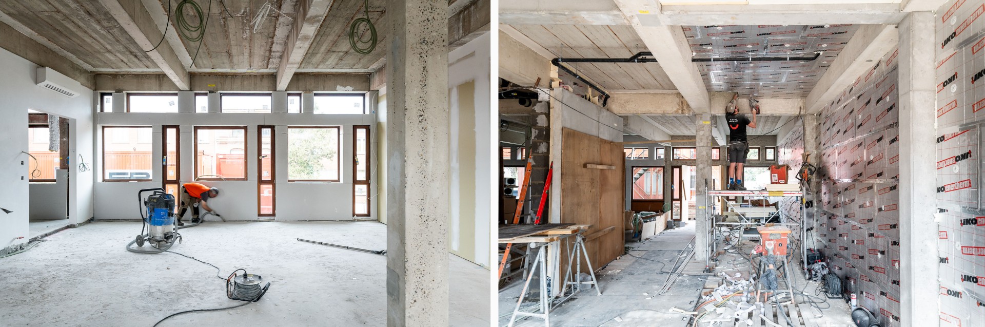 Vakmannen werken aan de vloer en plafond op de werf.