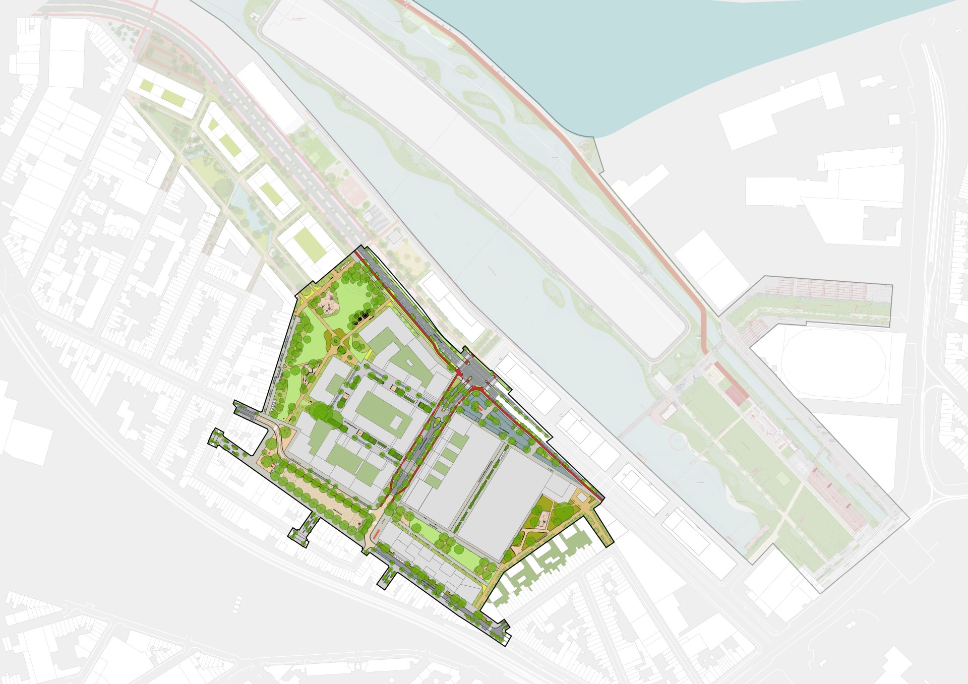 Overzichtsplan van het definitieve ontwerp van fase 1 van de publieke ruimte in de Slachthuiswijk 