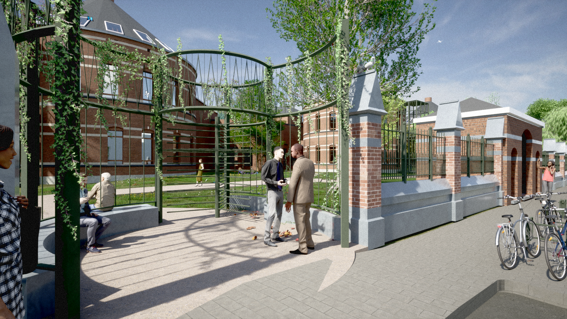 Toekomstbeeld uit het schetsontwerp van de toegang tot de Stuivenbergsite in de Pesthofstraat