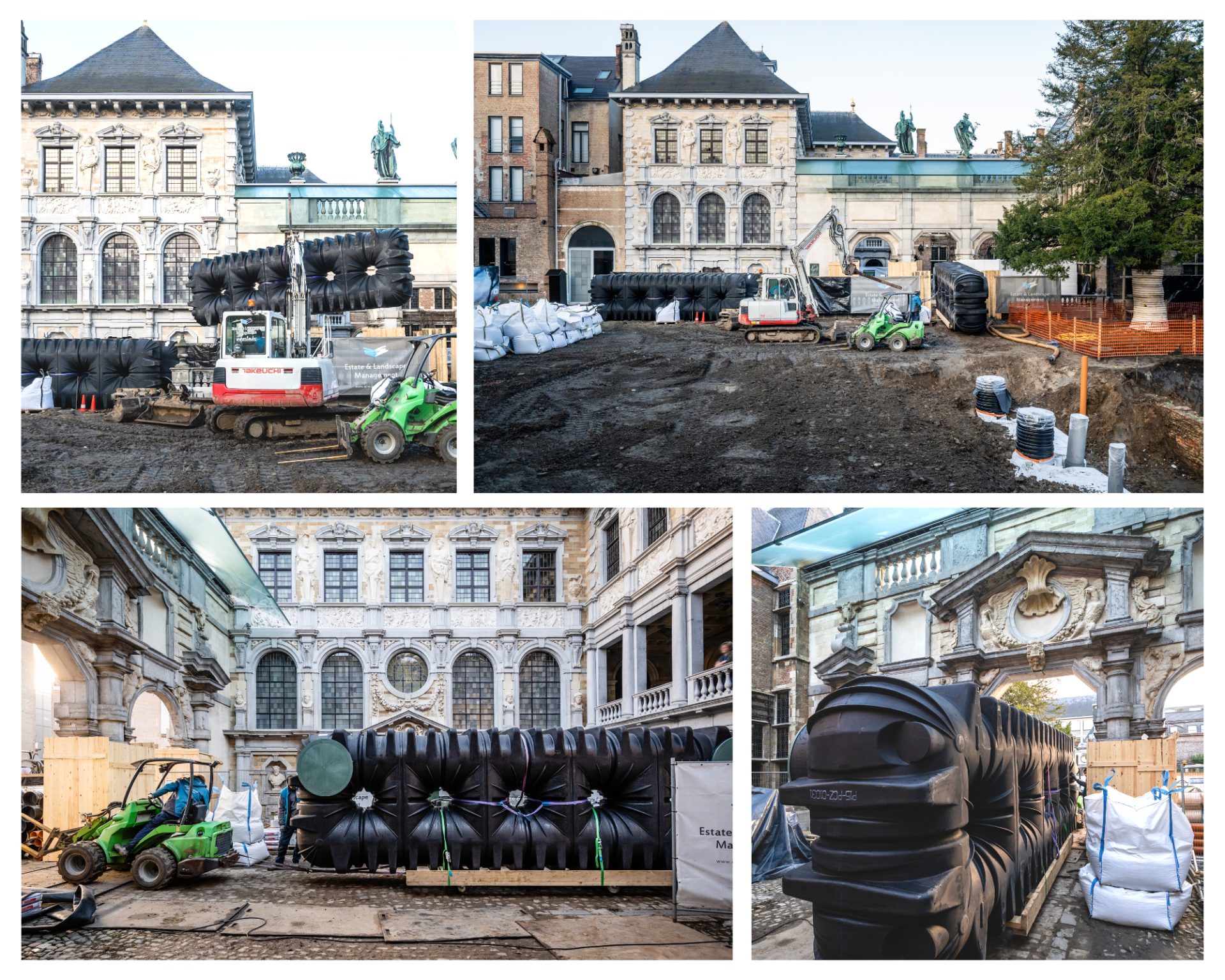 Grote zwarte buffertanks staan klaar in de Rubenstuin.