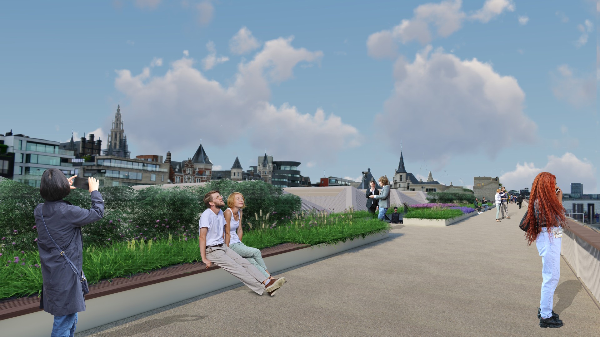 toekomstbeeld wandelterras met plantenbakken waarin grassen en heesters groeien.