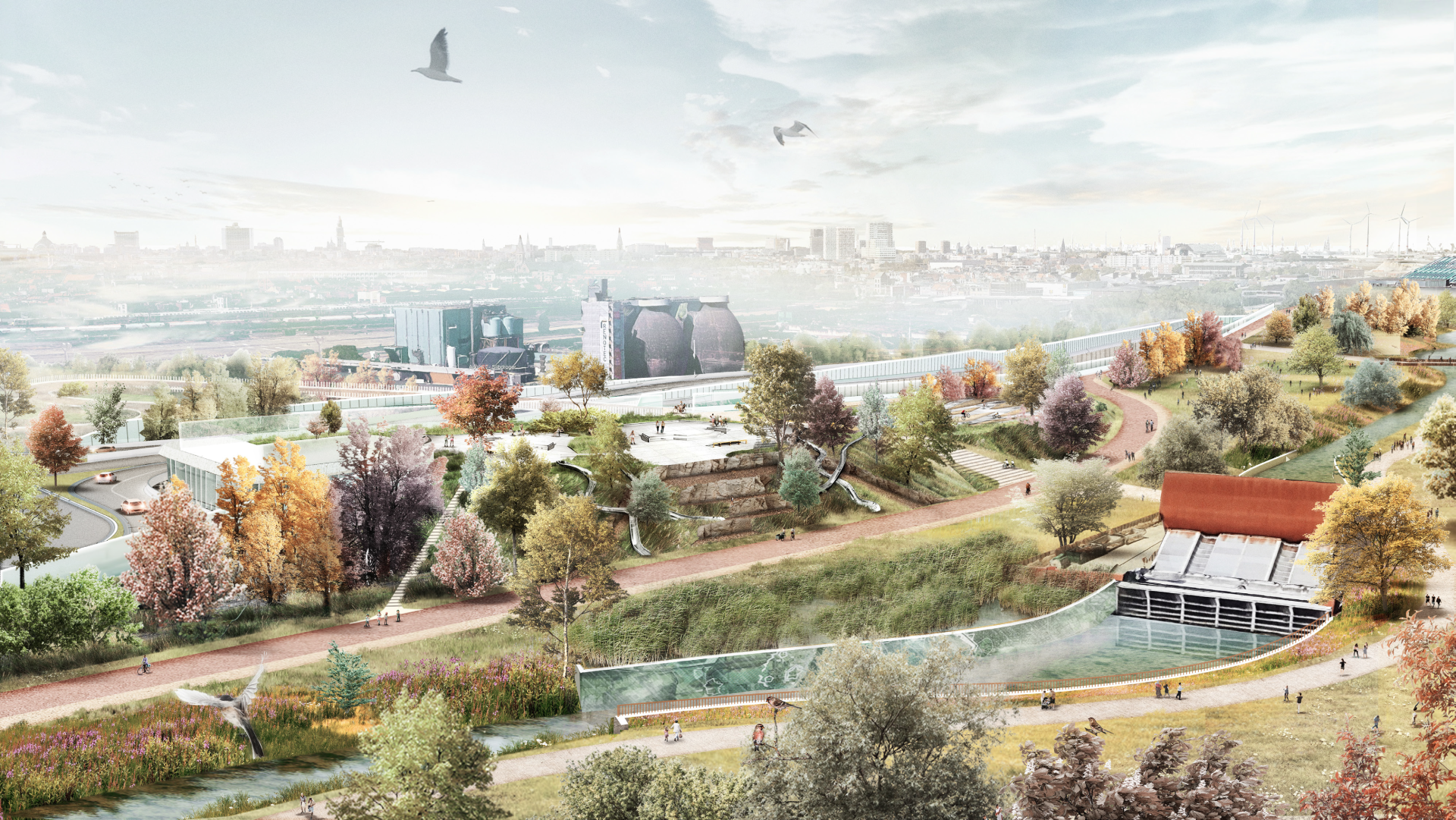 Een toekomstbeeld van het voorontwerp van de zone voor urban sports uit het voorontwerp van Ringpark Het Schijn