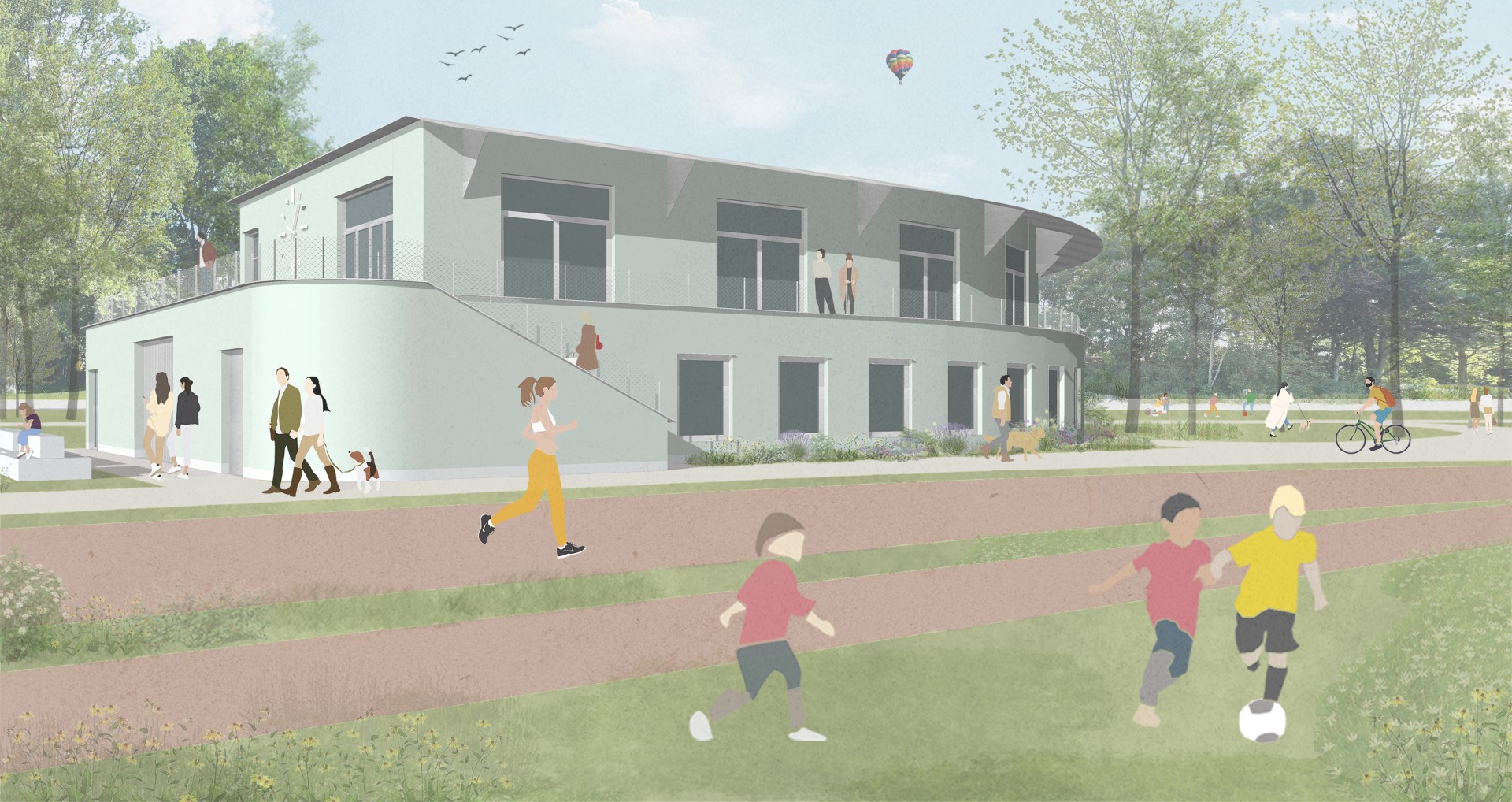 toekomstbeeld sportgebouw met 1 verdieping