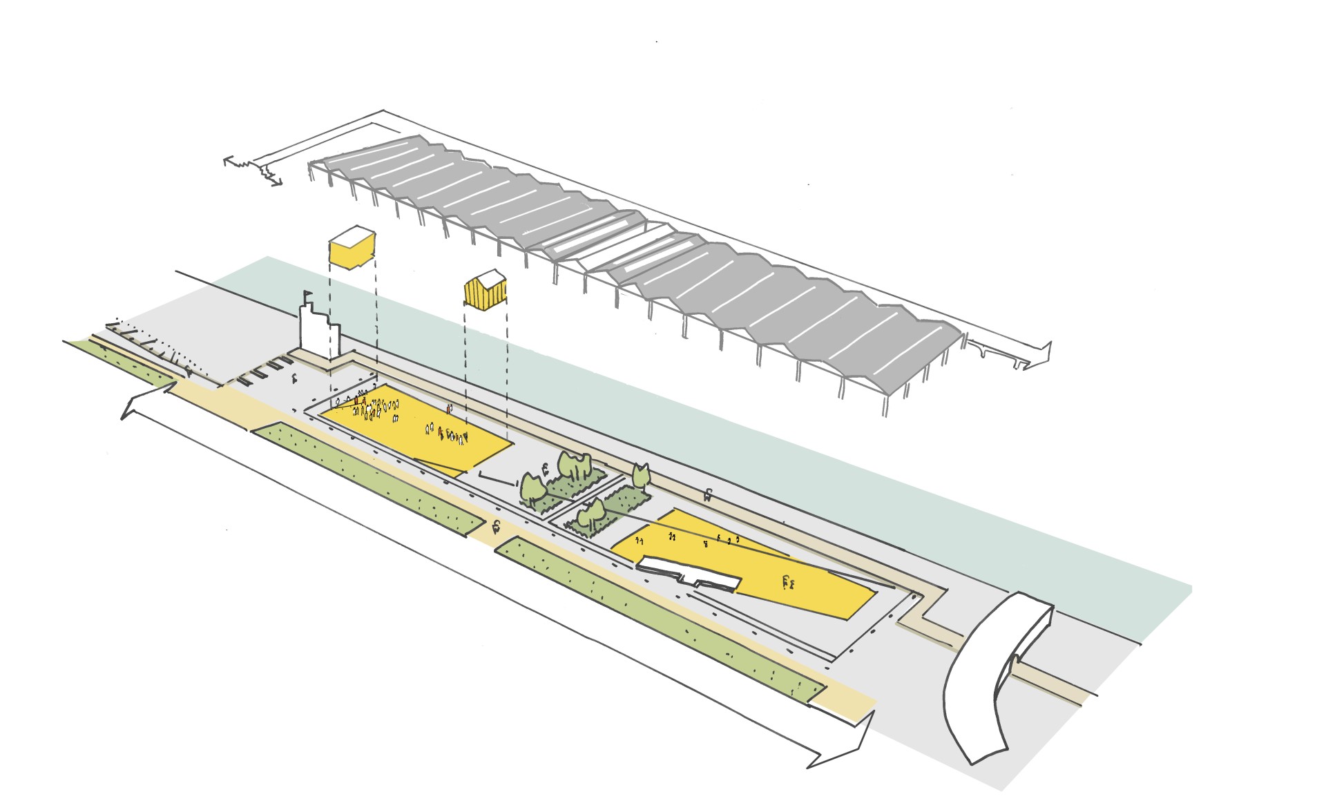 Een schets van het voorontwerp van de kaaivlakte tussen Zuiderterras en Steenplein