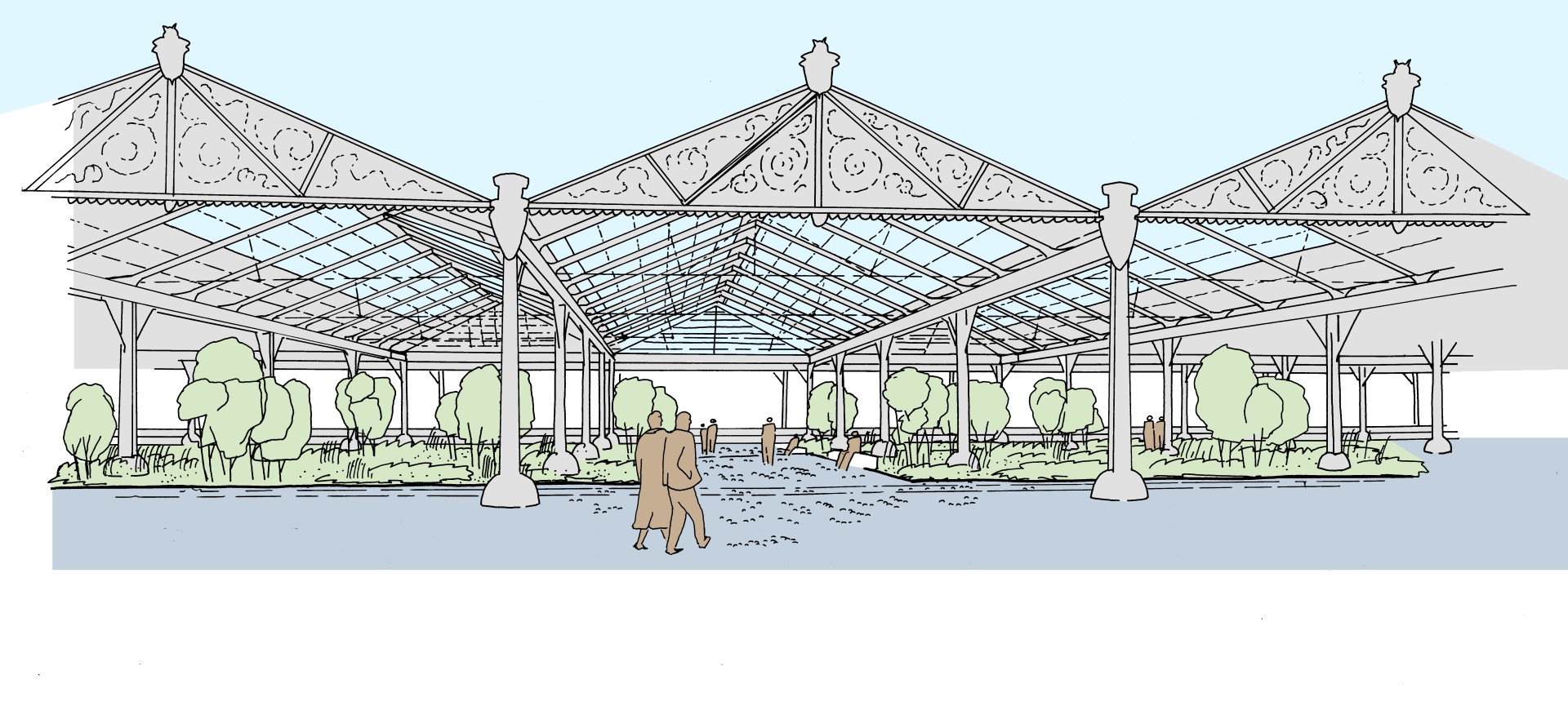 Een schets van de stadstuin onder de hangars uit het voorontwerp van het centraal deel zuid van de Scheldekaaien