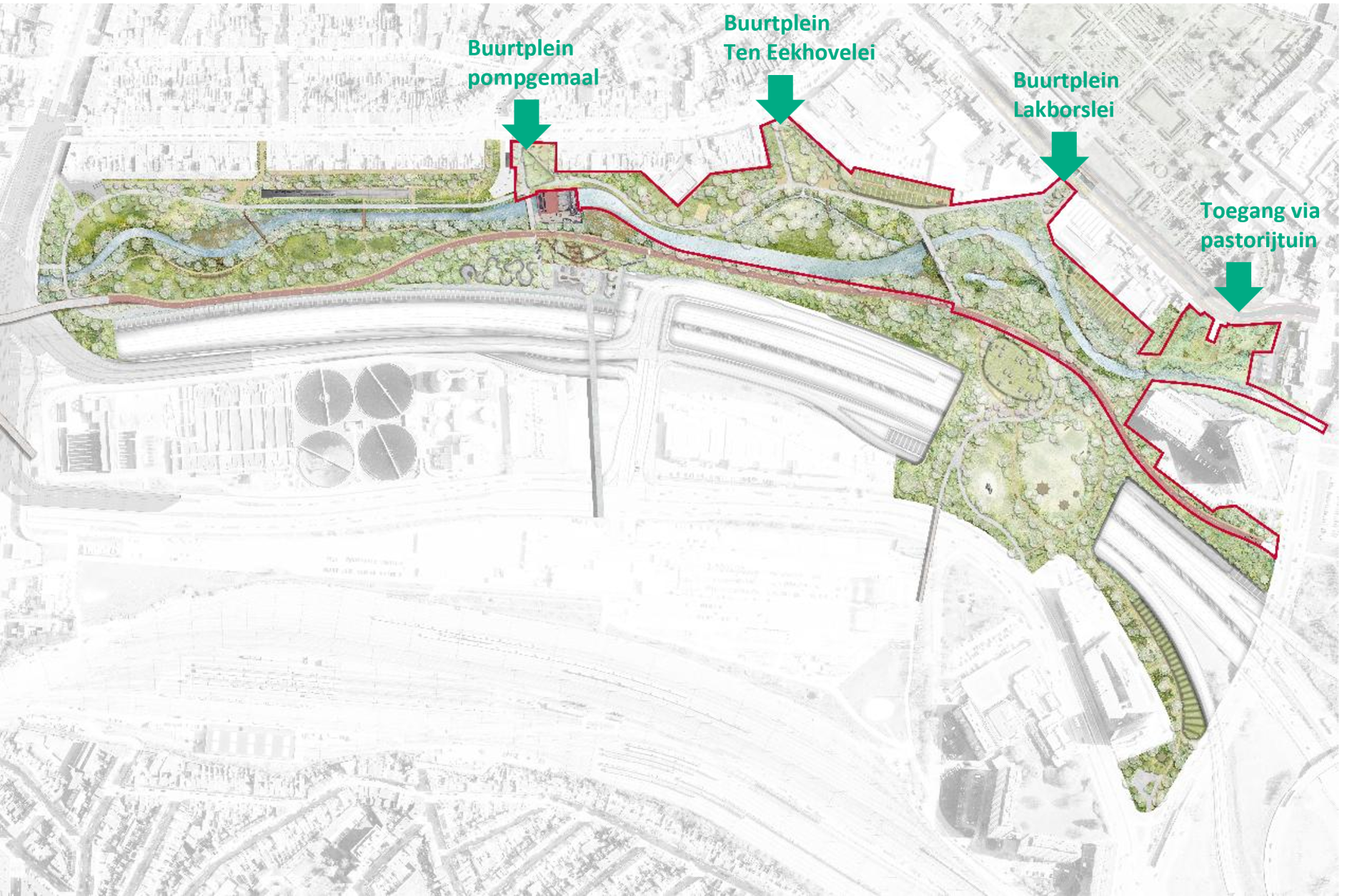 Het ontwerp van Ringpark Het Schijn, met het eerste deel van de aanleg rood omrand en met de buurtpleinen en pastorijtuin aangeduid
