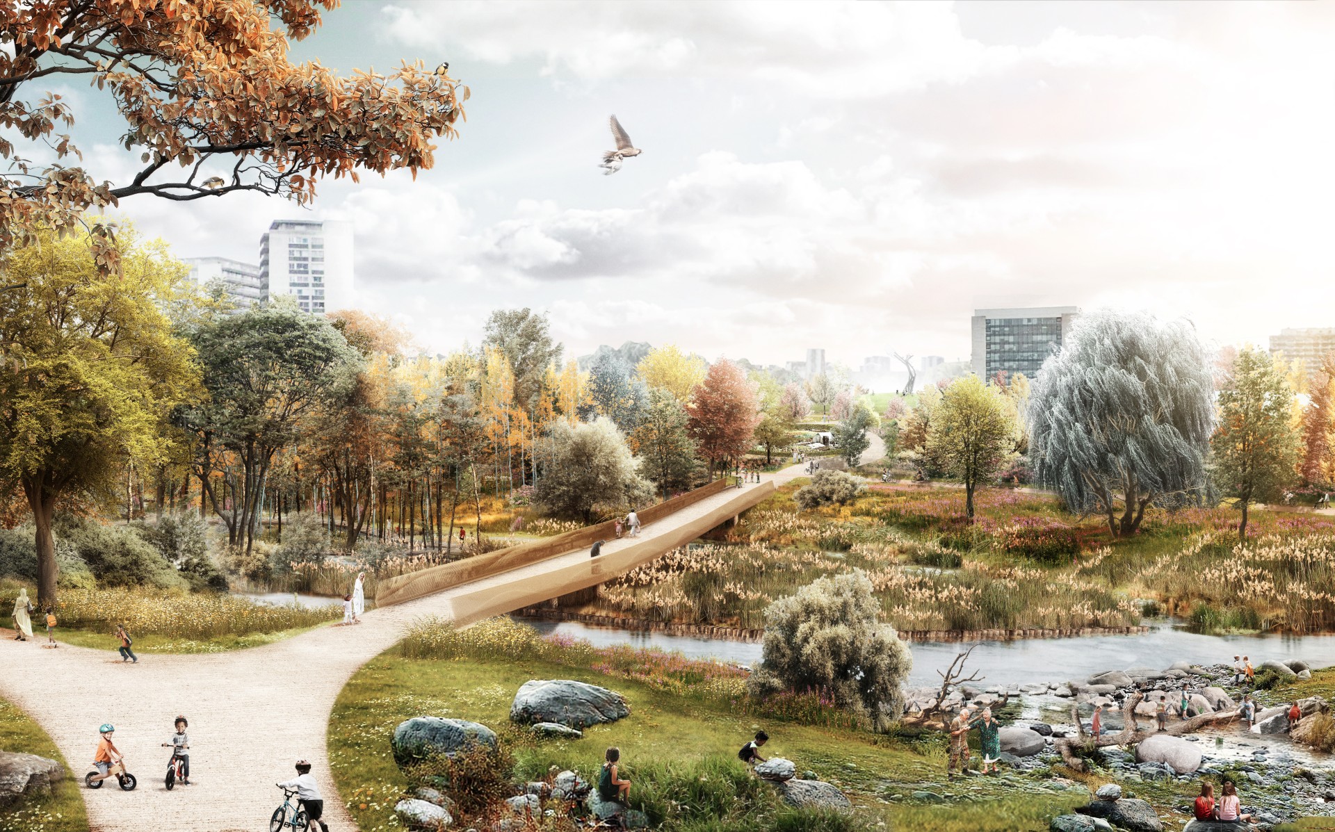 Toekomstbeeld van Ringpark Het Schijn, zicht van Deurne naar Borgerhout over de toekomstige overkapping