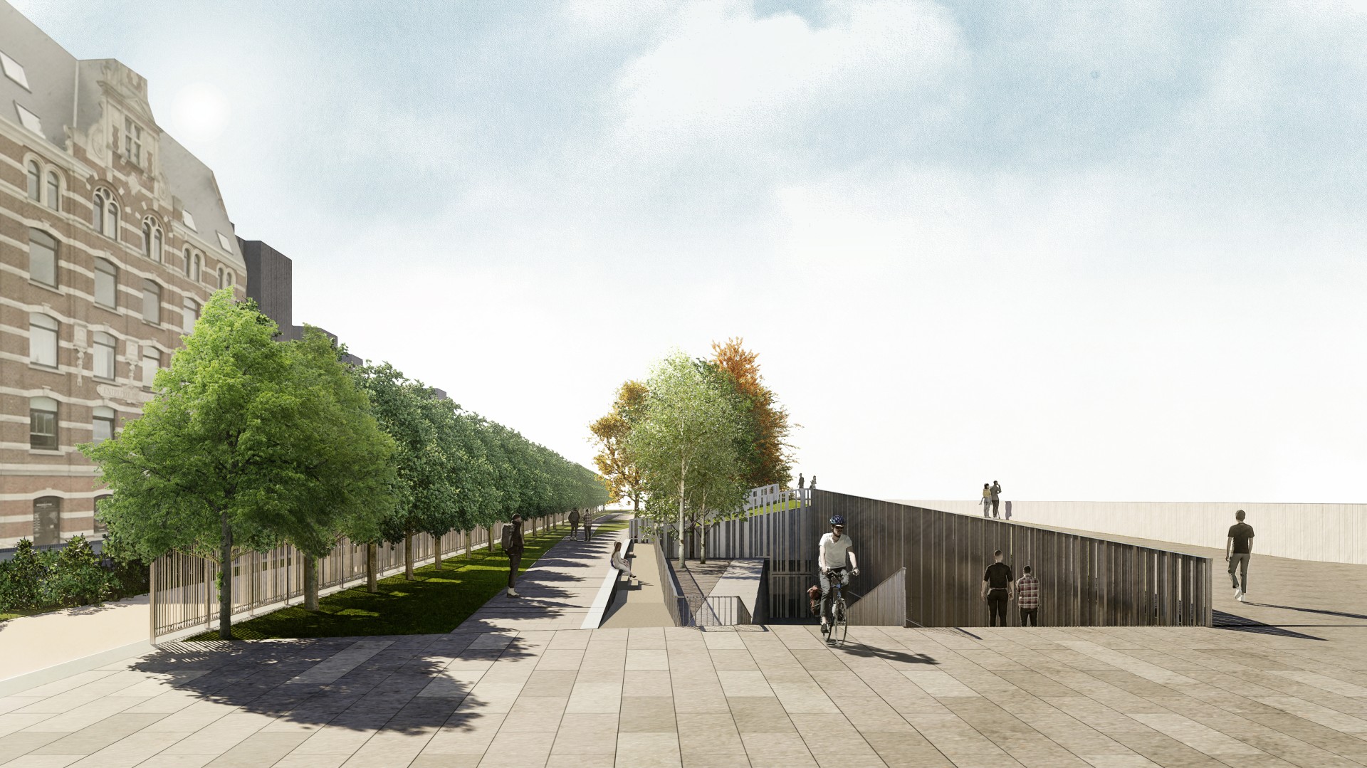 In-en uitgang voor fietsers en voetgangers en zichtbaar deel Napoleontische muur 