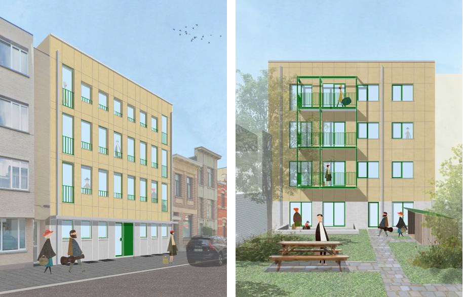 toekomstbeeld van voor- en achtergevel flatgebouw