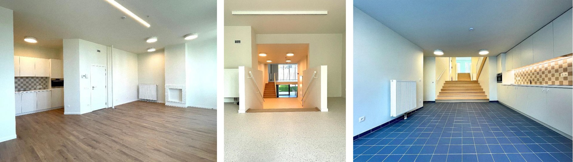 3 beelden van het interieur: keuken, gemeenschappelijke keuken, gemeenschappelijke leefruimte