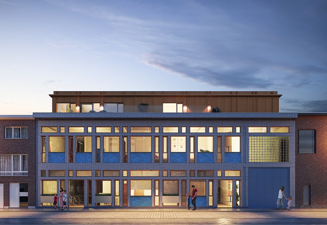 Het gebouw heeft drie bouwlagen met veel raampartijen en de gevel bevat blauwe glazuurtegels.