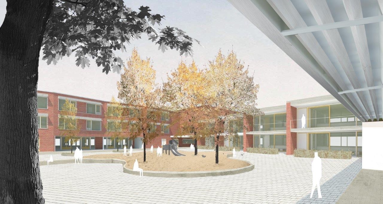 Toekomstbeeld speelplaats dubbele basisschool Het Vliegertje © BULK Architecten