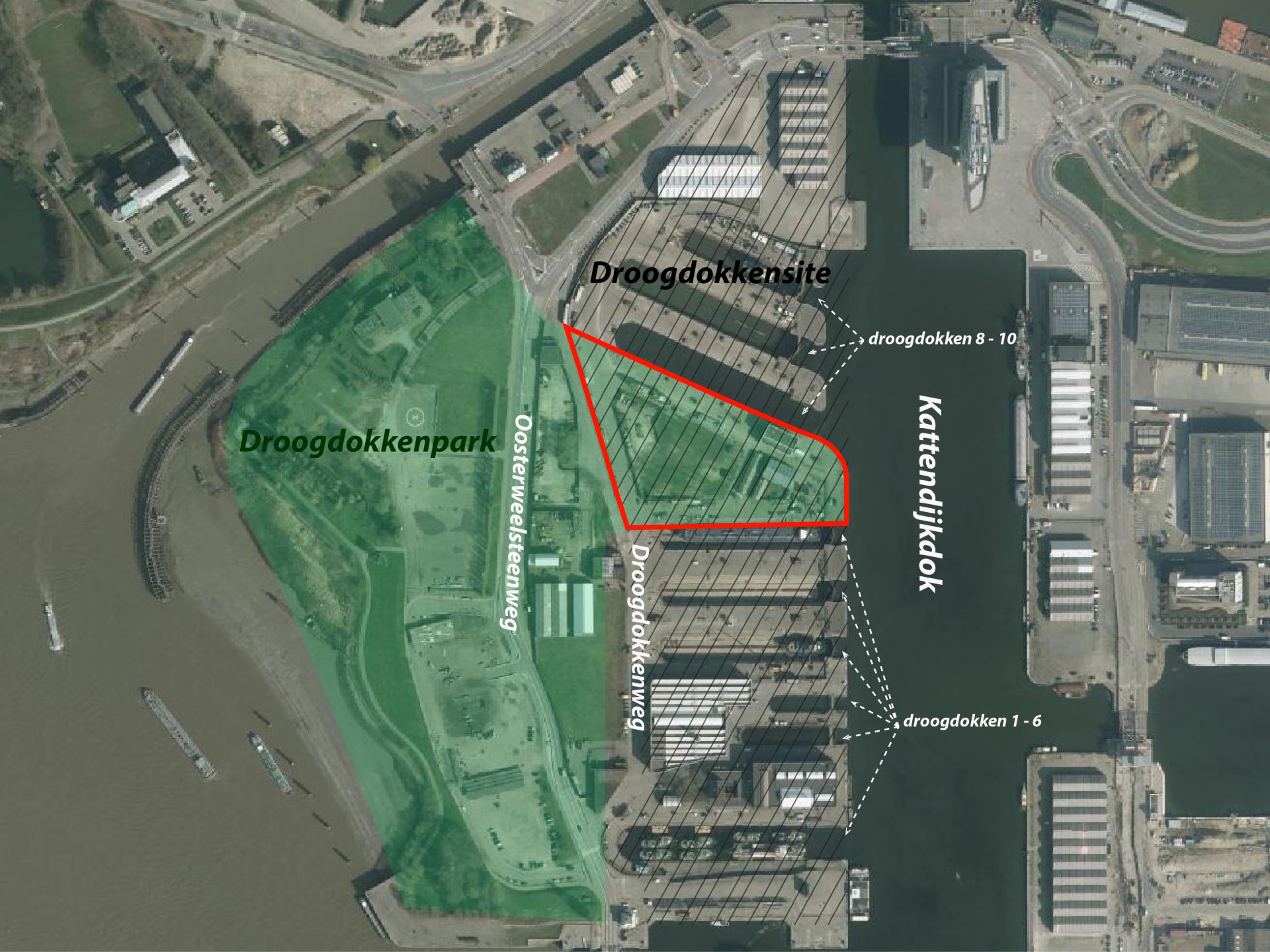 Het Droogdokkeneiland met aanduiding van de locatie voor het Havenbelevingscentrum.