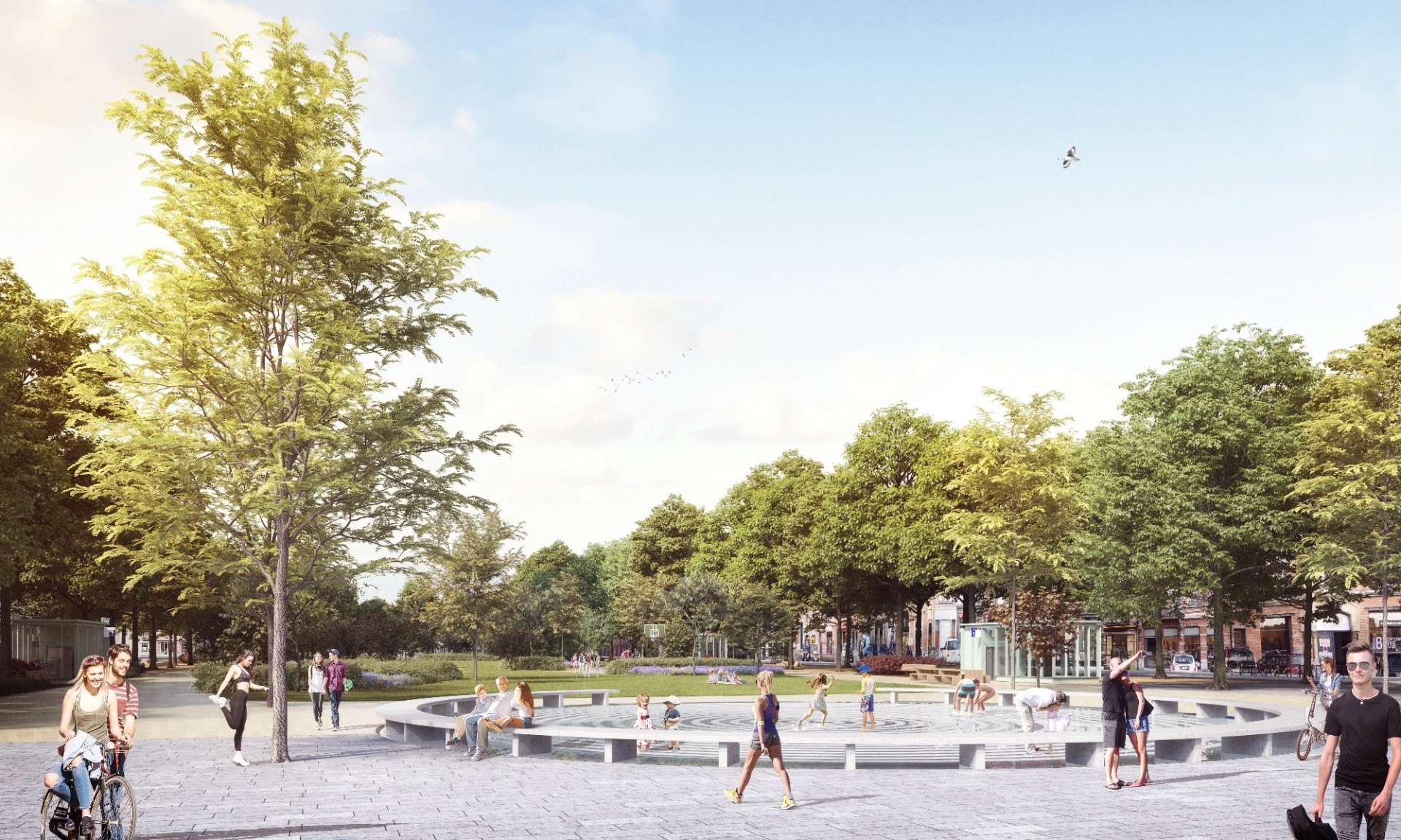 Het Museumplein met speelfontein verbindt de verschillende musea en biedt ruimte voor kleinere evenementen © AG VESPA, TRACTEBEL – ADR Architects – Georges Descombes i.s.m. Les Eclairistes Associés & Erik De Waele 