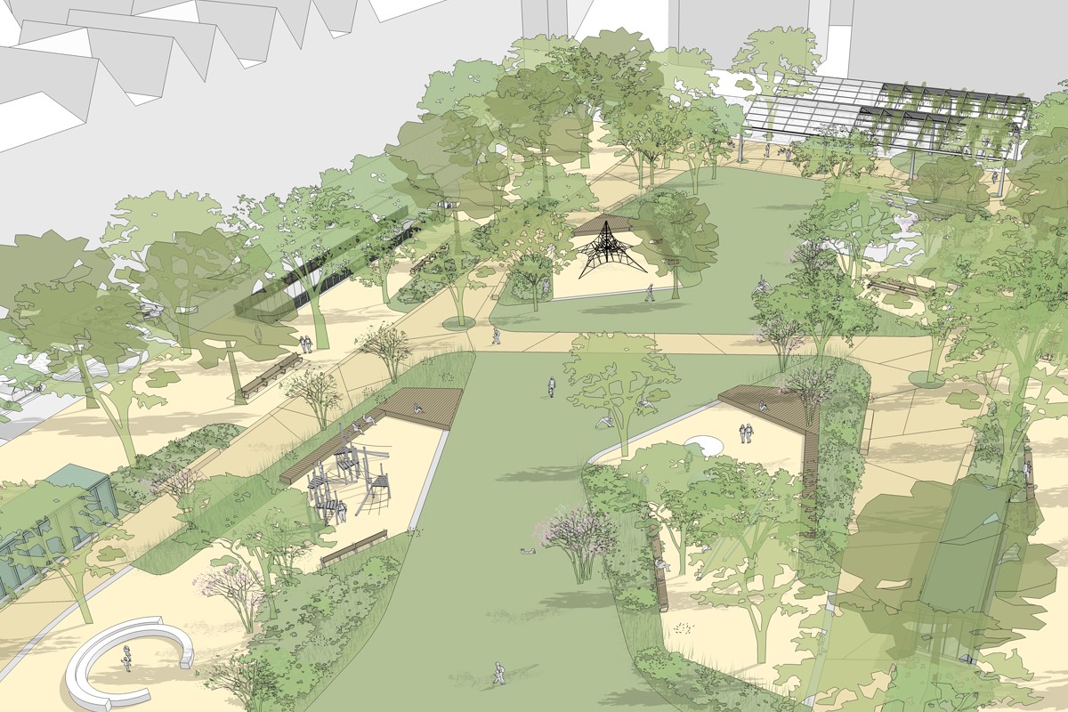 De noordelijke tuin met onder meer een pergola © AG VESPA - Tractebel, ADR Architects en Georges Descombes
