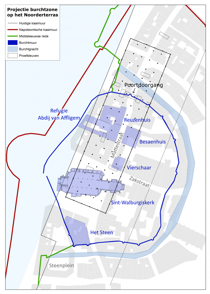 Op deze schematische voorstelling zie je de historische burchtzone ter hoogte van het centraal deel van de Scheldekaaien