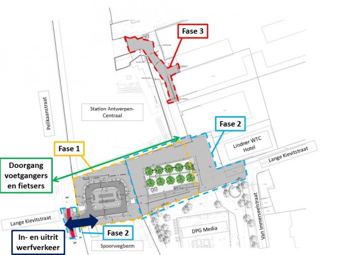 Een plan met de fasering van de werken voor de heraanleg van het Mediaplein in de Kievitwijk