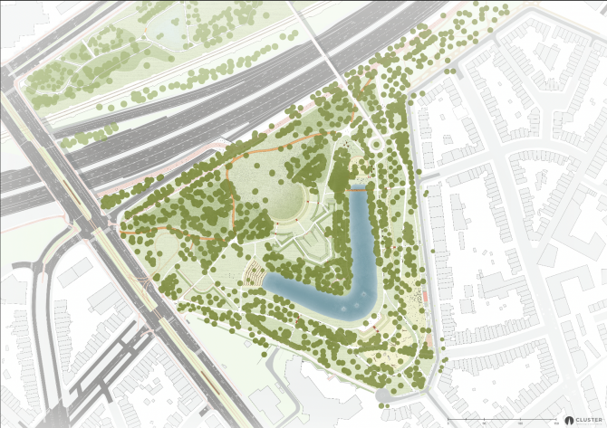Het ontwerpplan van het voorontwerp van het Brilschanspark 
