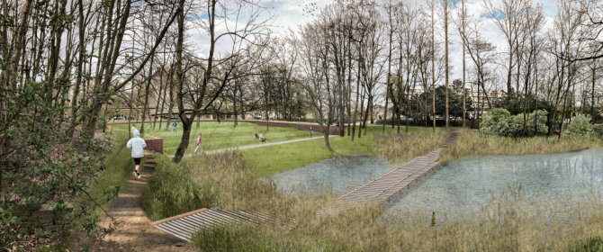 Toekomstbeeld van de verblijfsplek aan de Berchembrug, uit het voorontwerp van het Brilschanspark
