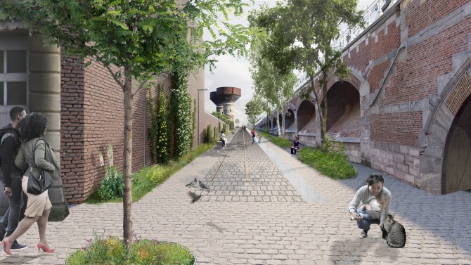 Een toekomstbeeld uit het voorontwerp van het Spoorpark, hier zie je de toegang aan de Draakplaats.
