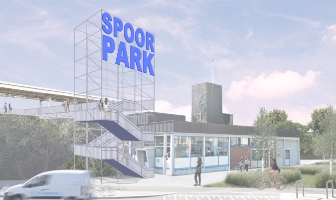 Een toekomstbeeld uit het voorontwerp van het Spoorpark, hier sta je aan de tijdelijke trapconstructie ter hoogte van de brug aan Plantin en Moretuslei.