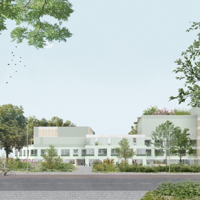  Voorontwerp voor dubbele basisschool, secundaire school en sporthal.